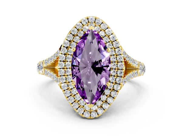 Yellow gold Marquise Cut Amethyst Double Halo Ring with Split Shank and Prong Setting