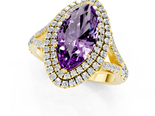 Yellow gold Marquise Cut Amethyst Double Halo Ring with Split Shank and Prong Setting