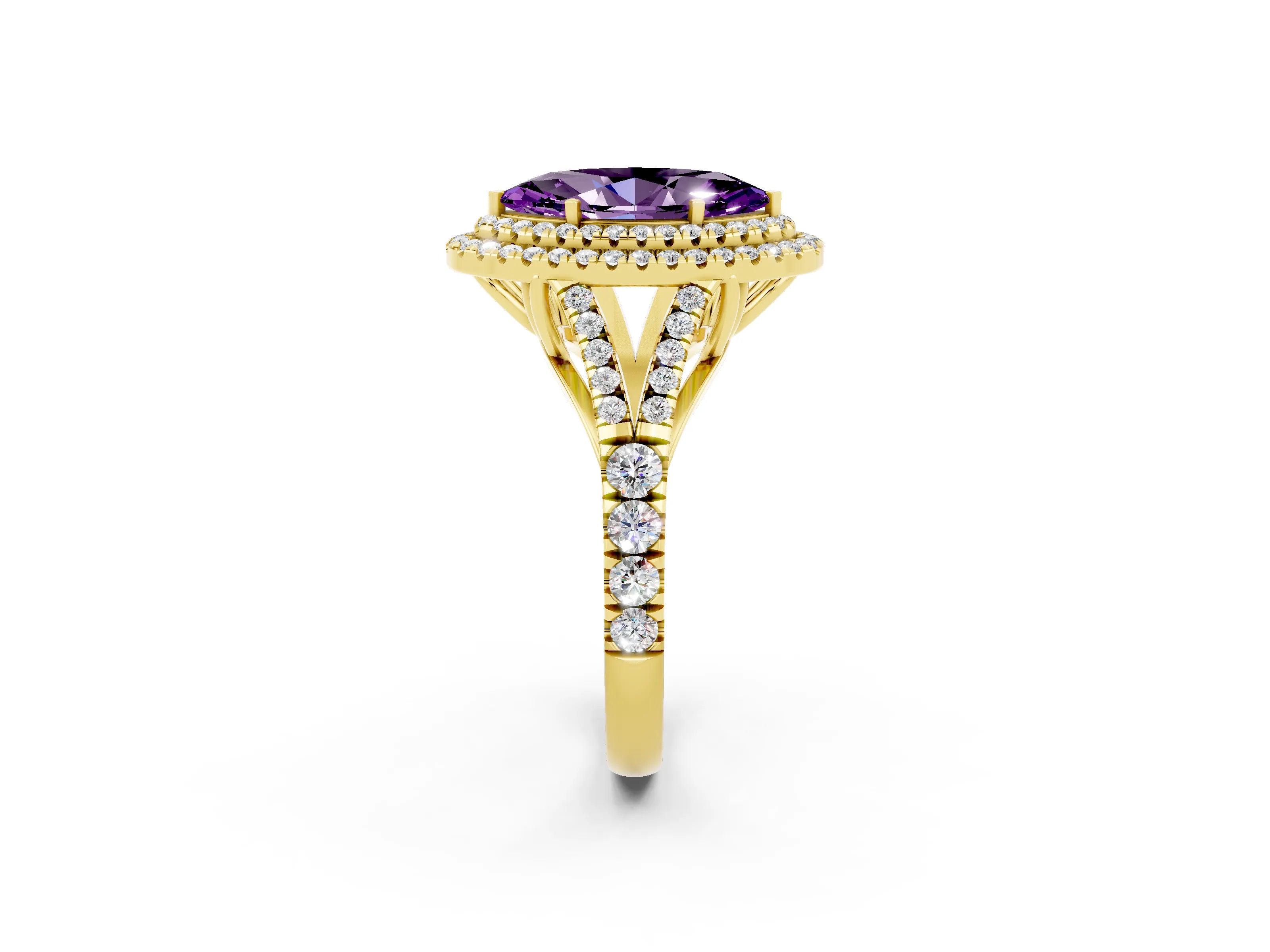 Yellow gold Marquise Cut Amethyst Double Halo Ring with Split Shank and Prong Setting_14