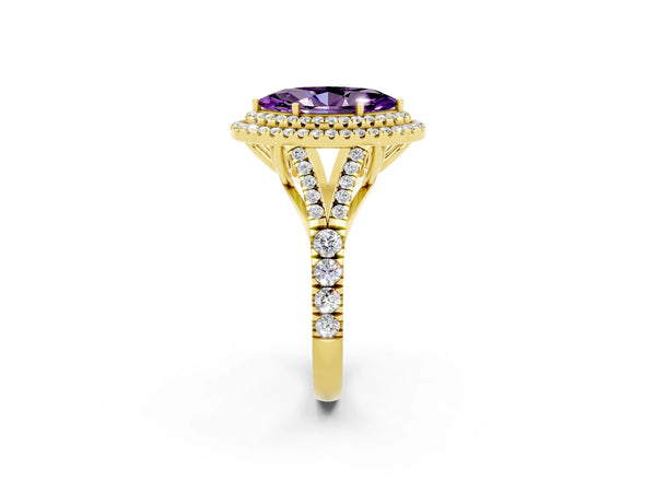 Yellow gold Marquise Cut Amethyst Double Halo Ring with Split Shank and Prong Setting