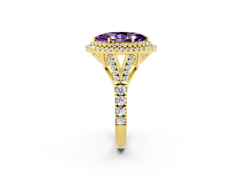 Yellow gold Marquise Cut Amethyst Double Halo Ring with Split Shank and Prong Setting_14