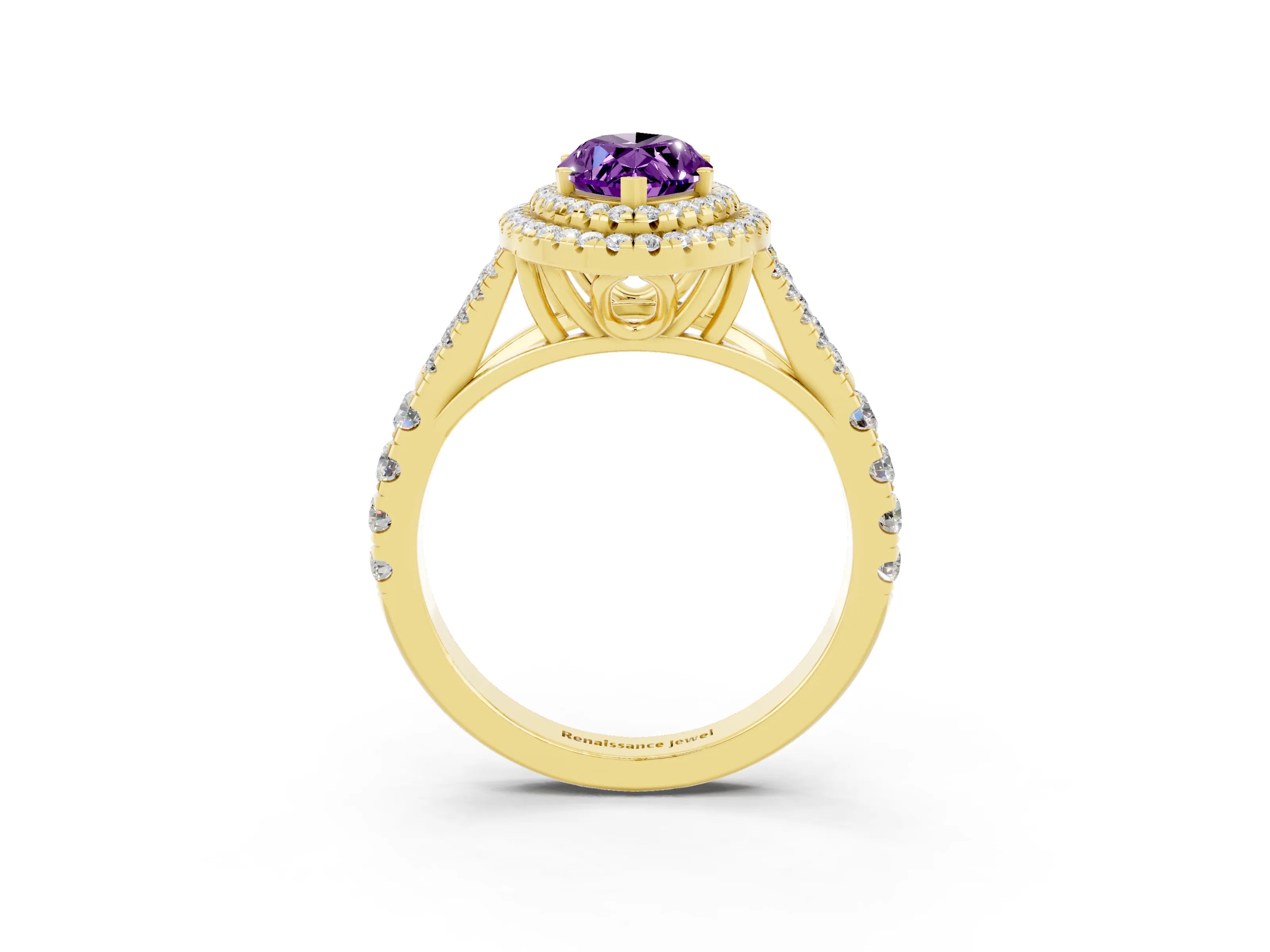 Yellow gold Marquise Cut Amethyst Double Halo Ring with Split Shank and Prong Setting_15