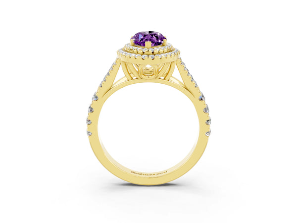 Yellow gold Marquise Cut Amethyst Double Halo Ring with Split Shank and Prong Setting