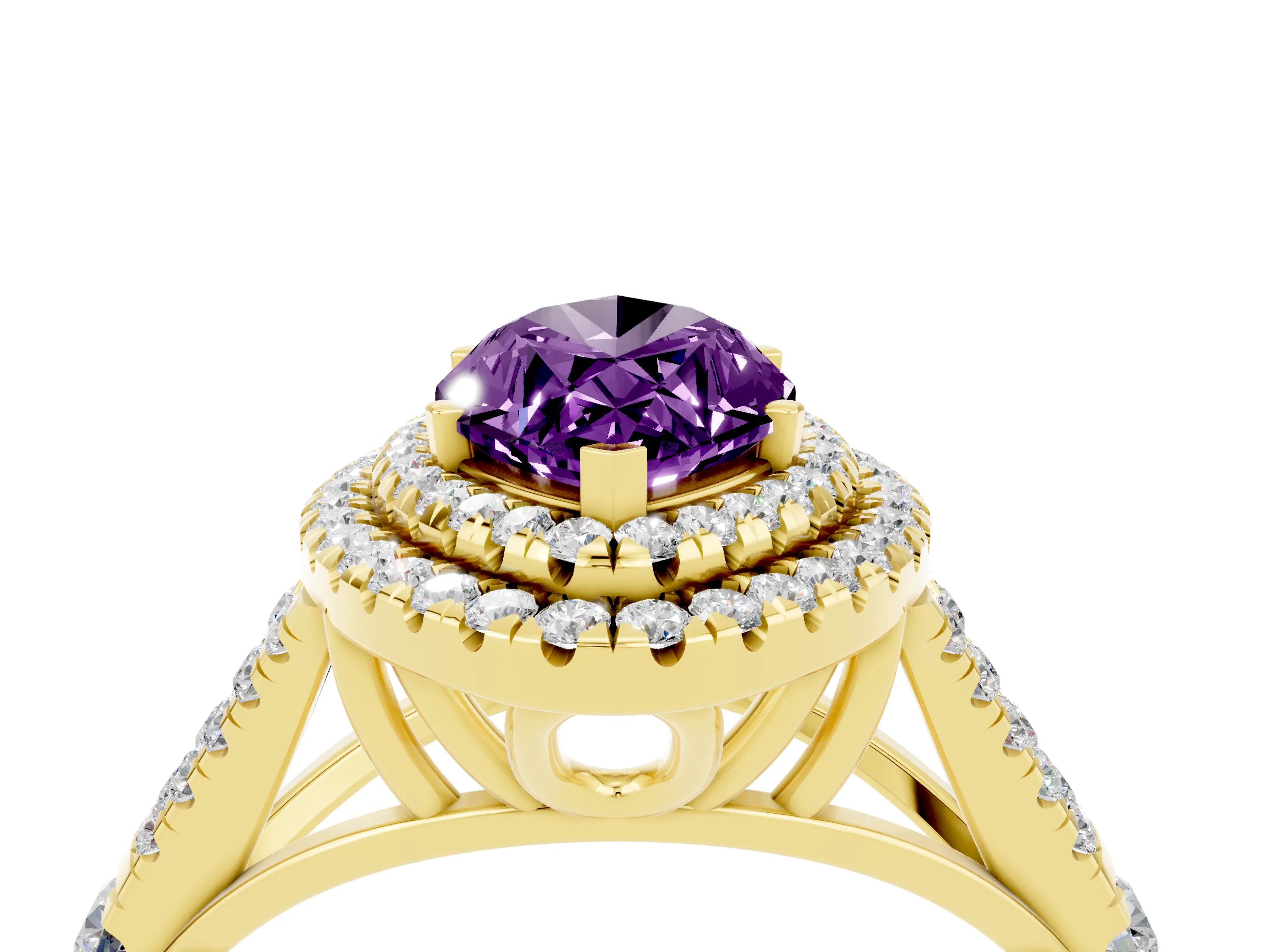 Yellow gold Marquise Cut Amethyst Double Halo Ring with Split Shank and Prong Setting_16