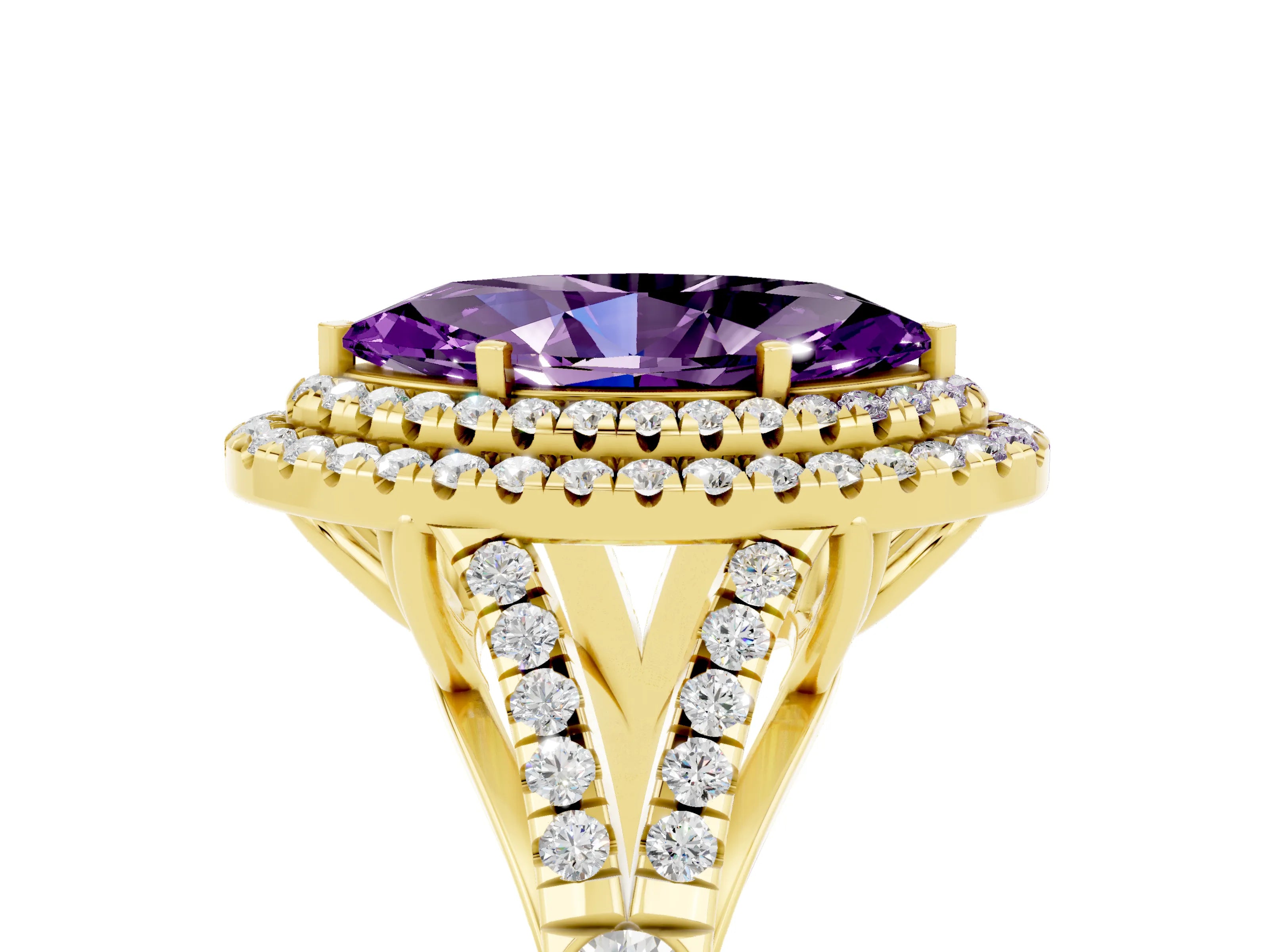 Yellow gold Marquise Cut Amethyst Double Halo Ring with Split Shank and Prong Setting_17