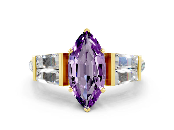 Yellow gold Marquise Cut Amethyst Engagement Ring with Baguette Side Stones and Channel Set Band