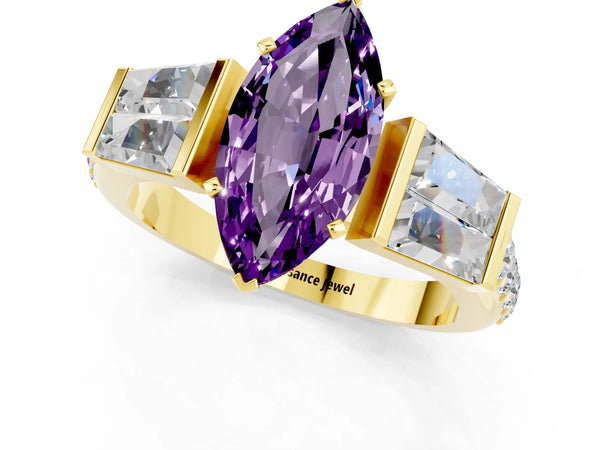 Yellow gold Marquise Cut Amethyst Engagement Ring with Baguette Side Stones and Channel Set Band