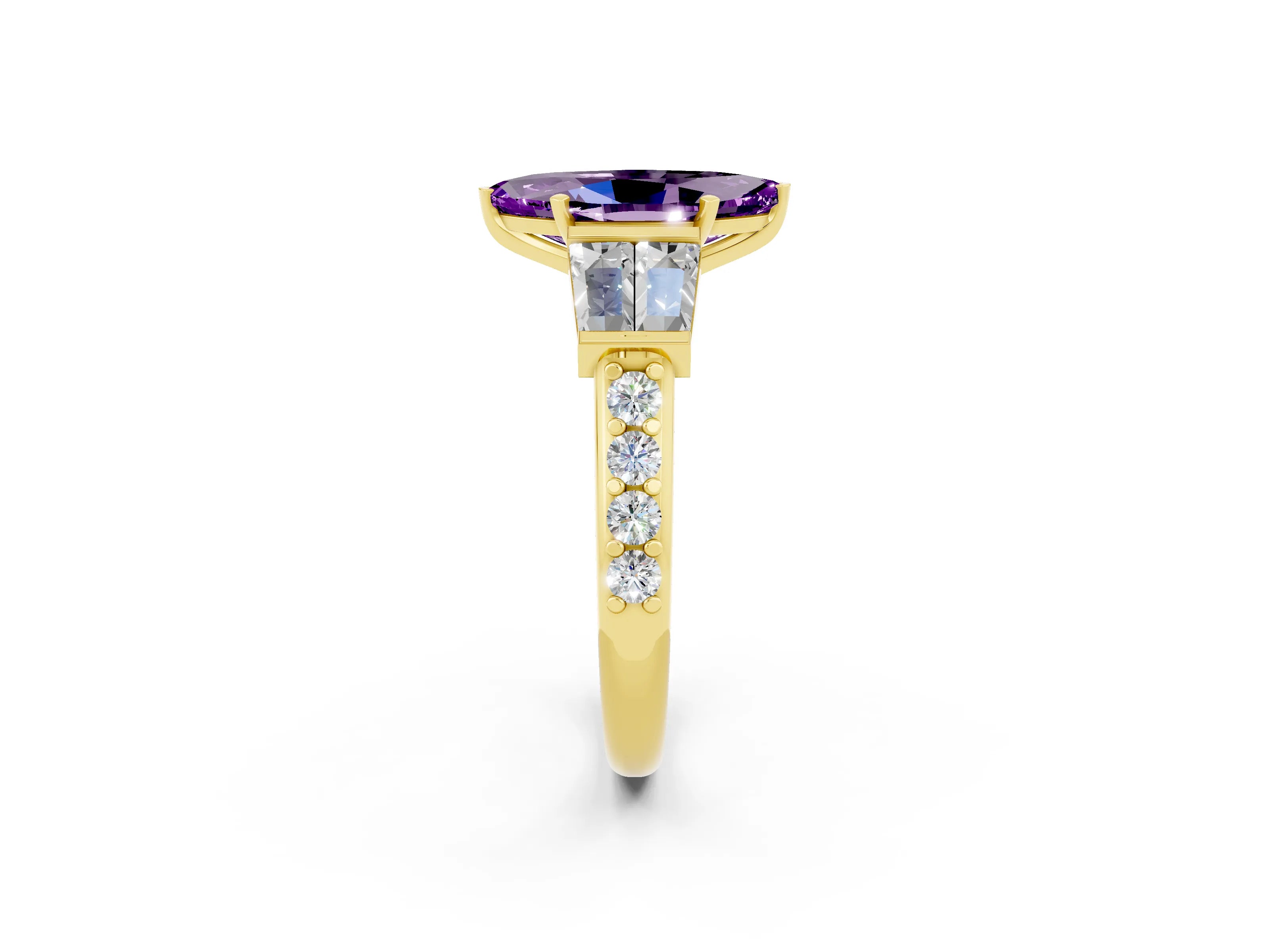 Yellow gold Marquise Cut Amethyst Engagement Ring with Baguette Side Stones and Channel Set Band_2