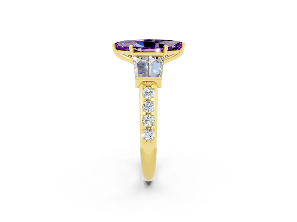 Yellow gold Marquise Cut Amethyst Engagement Ring with Baguette Side Stones and Channel Set Band
