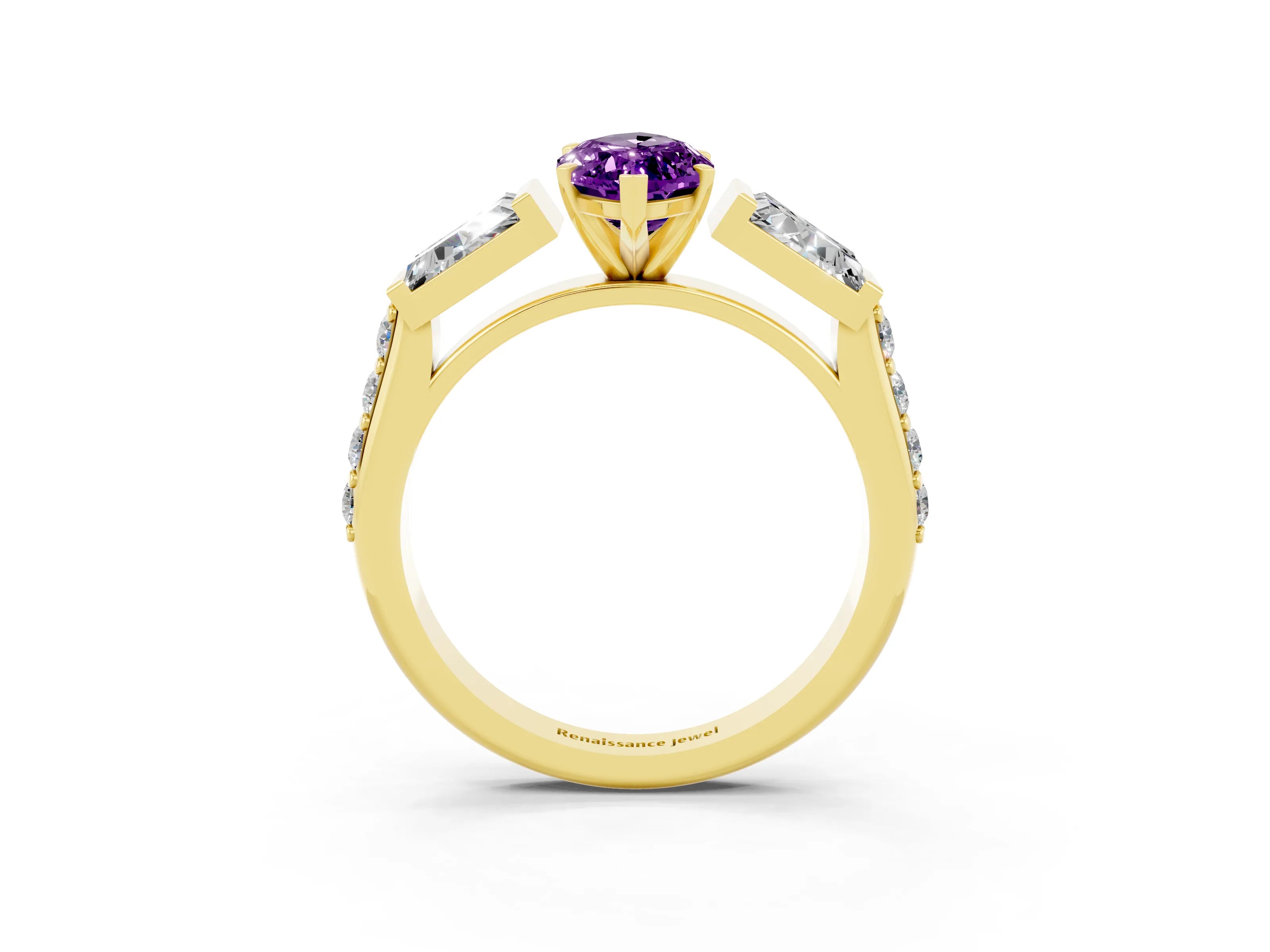 Yellow gold Marquise Cut Amethyst Engagement Ring with Baguette Side Stones and Channel Set Band_3