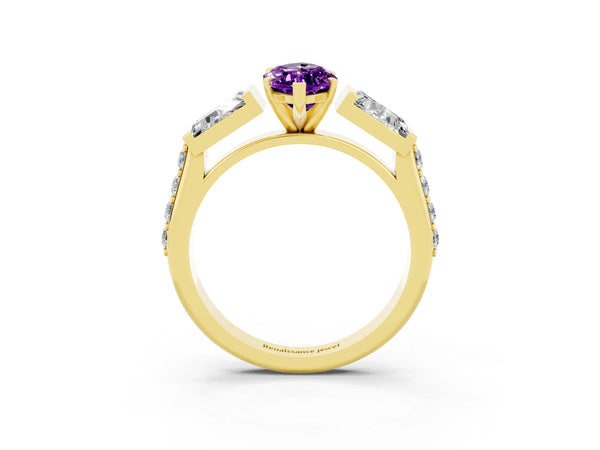 Yellow gold Marquise Cut Amethyst Engagement Ring with Baguette Side Stones and Channel Set Band