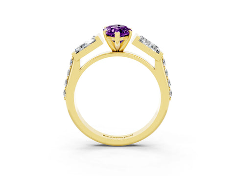 Yellow gold Marquise Cut Amethyst Engagement Ring with Baguette Side Stones and Channel Set Band_3