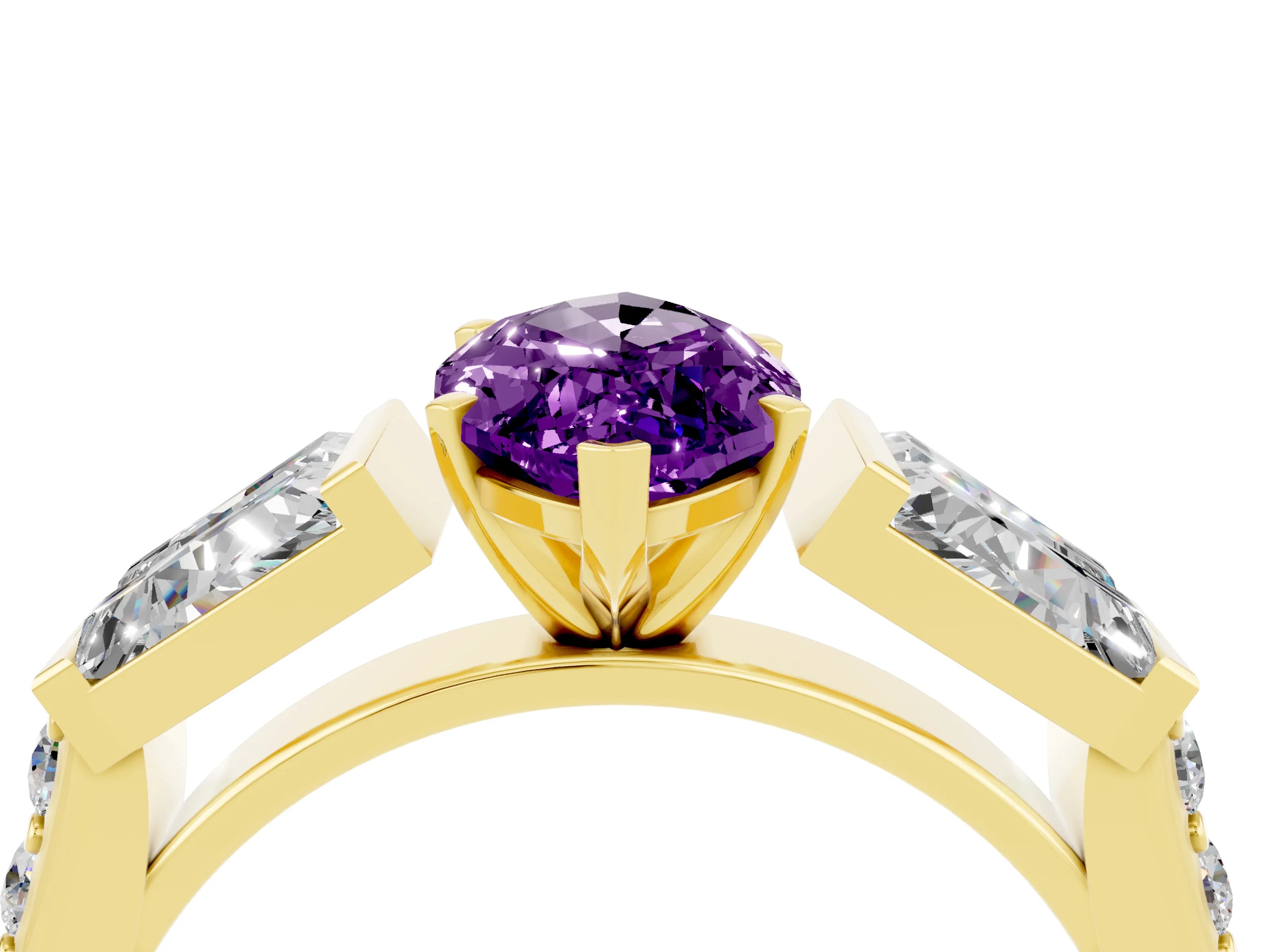 Yellow gold Marquise Cut Amethyst Engagement Ring with Baguette Side Stones and Channel Set Band_4