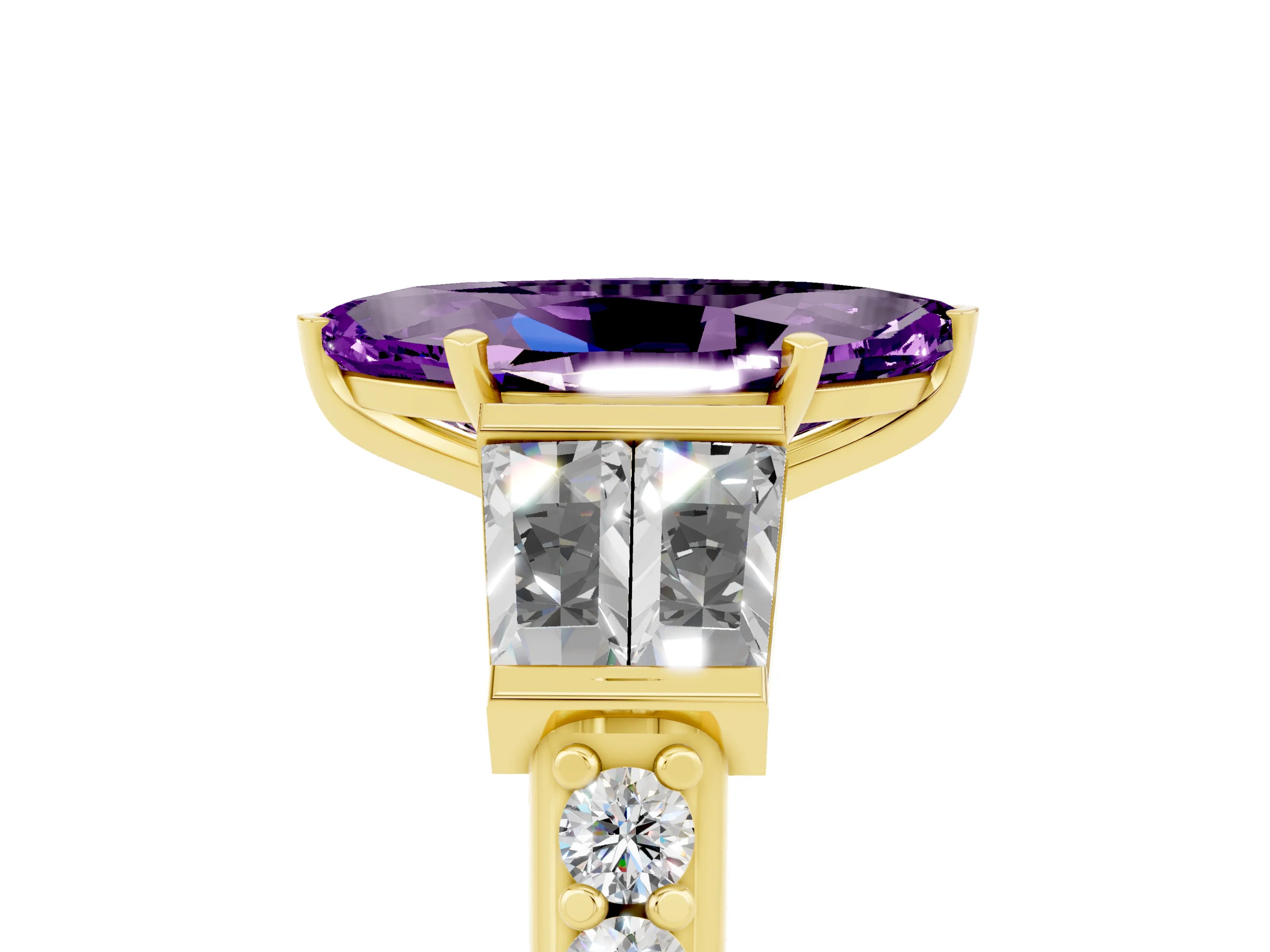 Yellow gold Marquise Cut Amethyst Engagement Ring with Baguette Side Stones and Channel Set Band_5