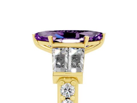 Yellow gold Marquise Cut Amethyst Engagement Ring with Baguette Side Stones and Channel Set Band_5