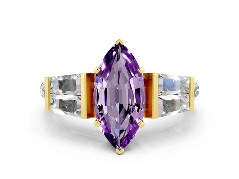 Yellow gold Marquise Cut Amethyst Engagement Ring with Baguette Side Stones and Channel Set Band