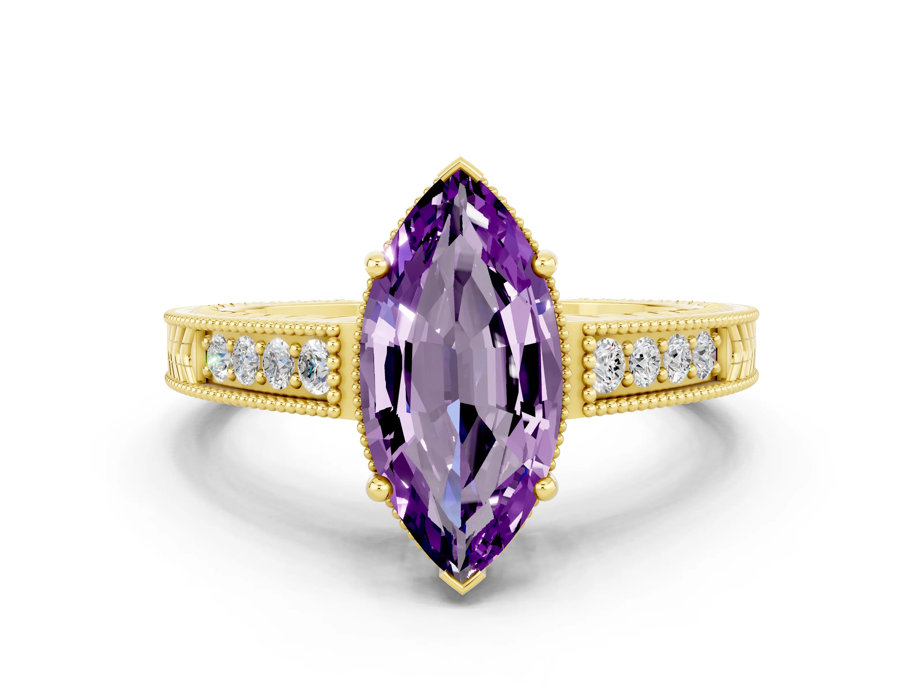 Yellow gold Marquise Cut Amethyst Engagement Ring with Milgrain Channel Set Band and Prong Setting