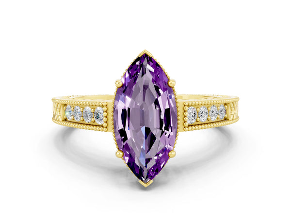 Yellow gold Marquise Cut Amethyst Engagement Ring with Milgrain Channel Set Band and Prong Setting