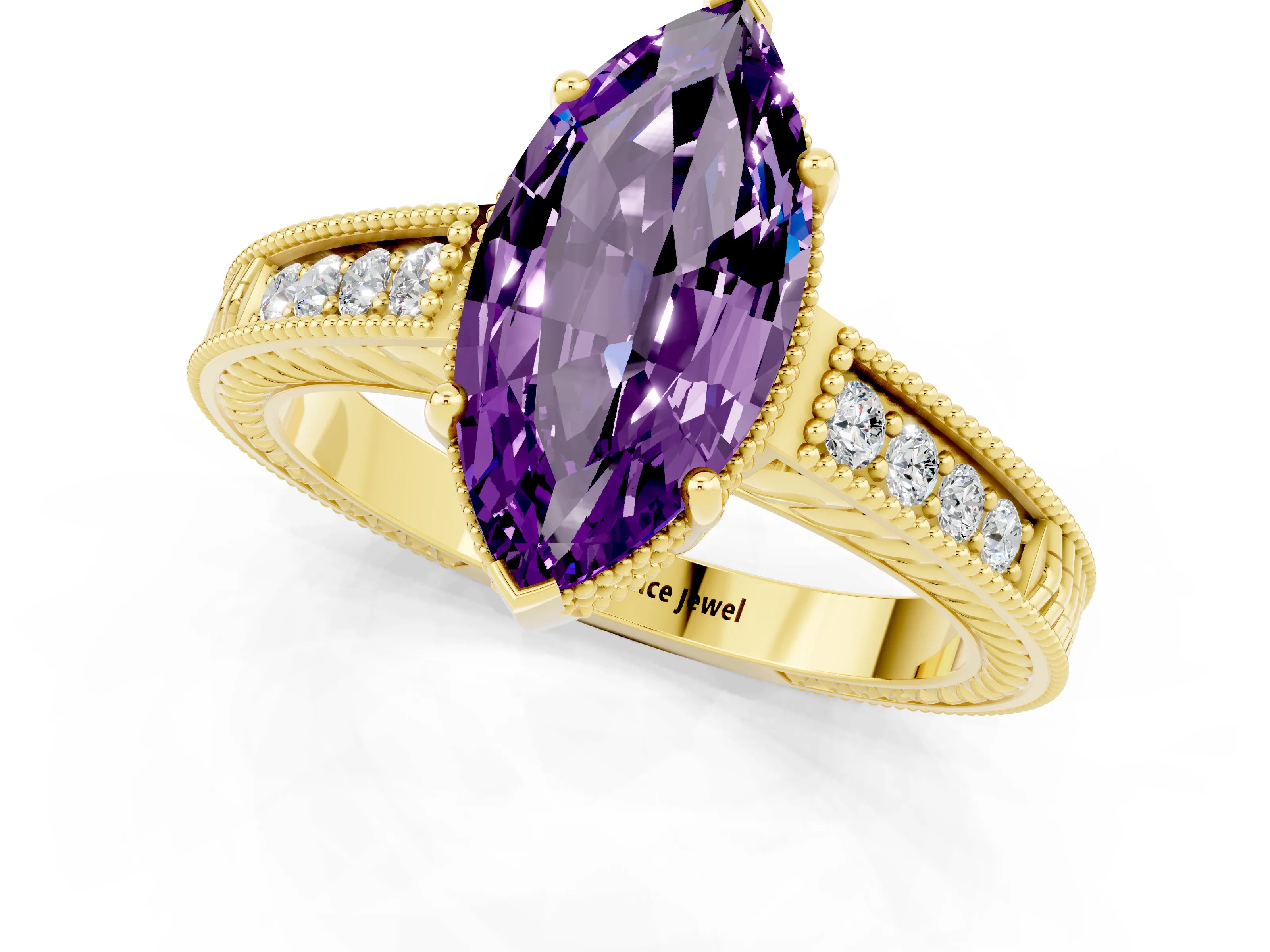 Yellow gold Marquise Cut Amethyst Engagement Ring with Milgrain Channel Set Band and Prong Setting_1