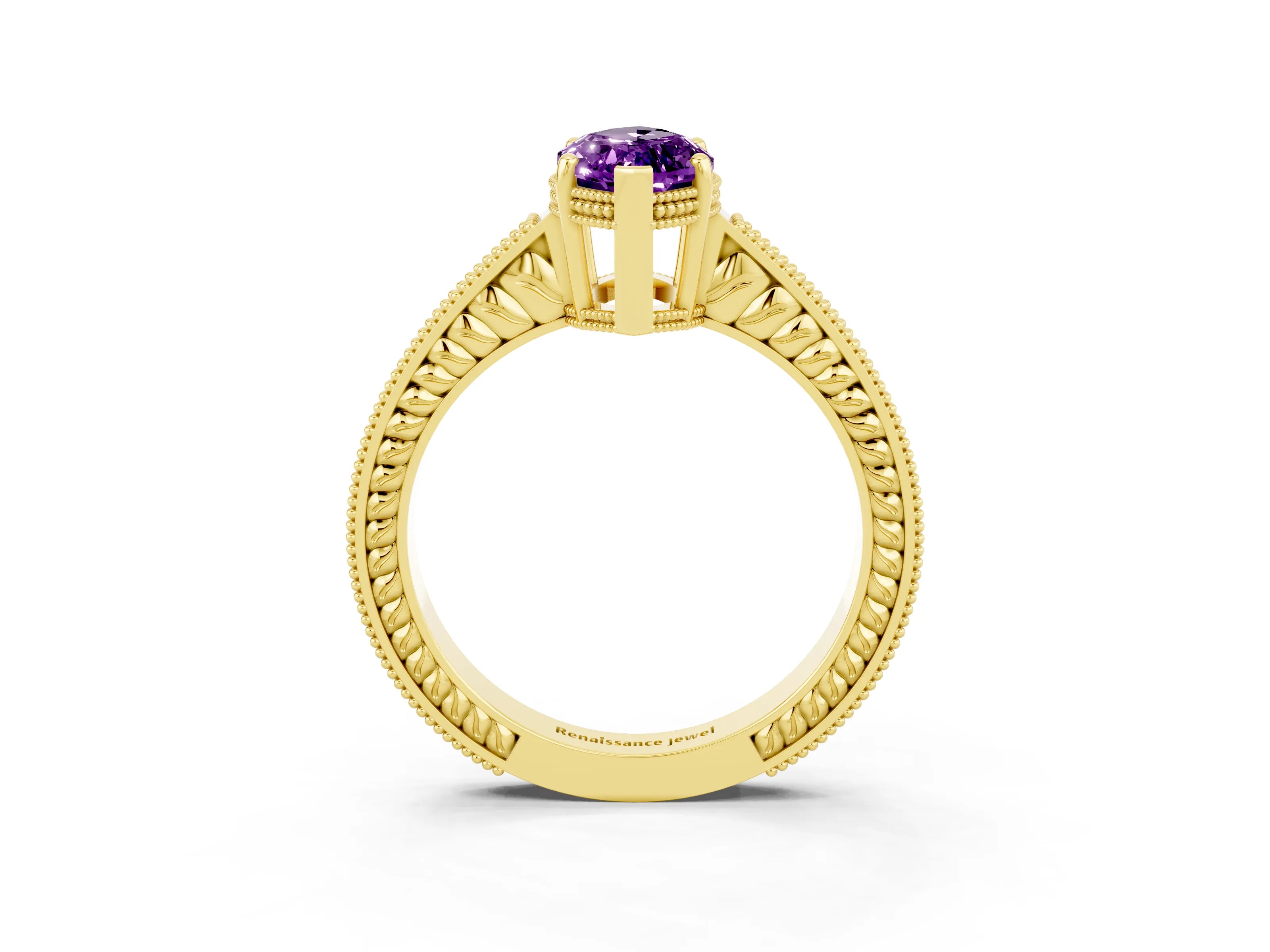 Yellow gold Marquise Cut Amethyst Engagement Ring with Milgrain Channel Set Band and Prong Setting_3