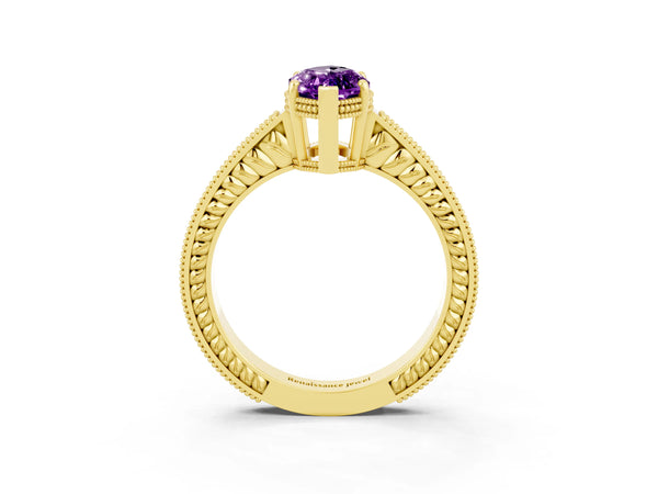 Yellow gold Marquise Cut Amethyst Engagement Ring with Milgrain Channel Set Band and Prong Setting