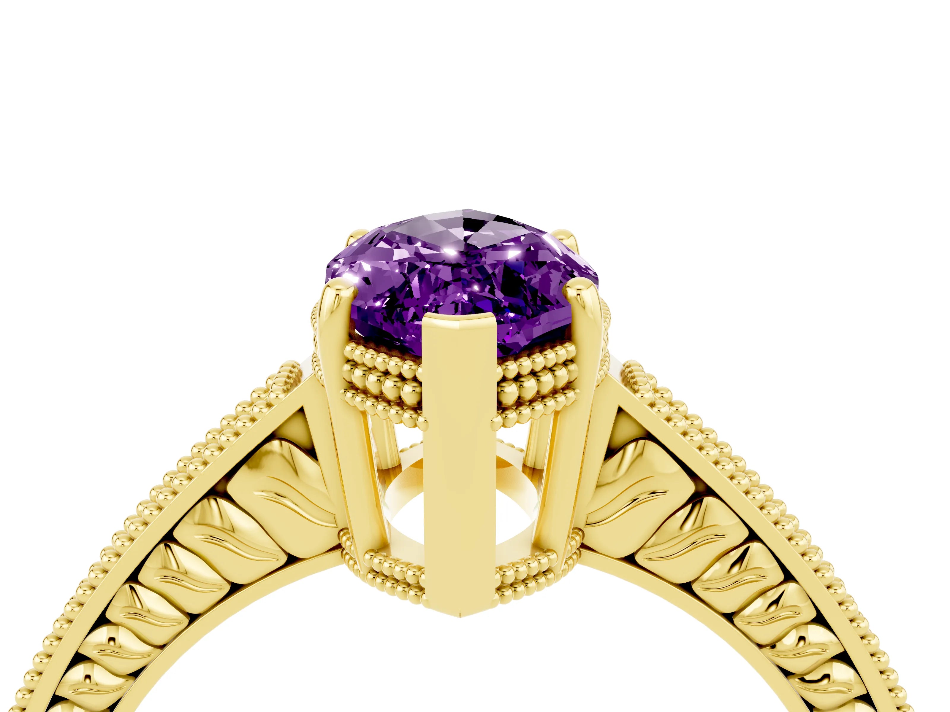 Yellow gold Marquise Cut Amethyst Engagement Ring with Milgrain Channel Set Band and Prong Setting_4
