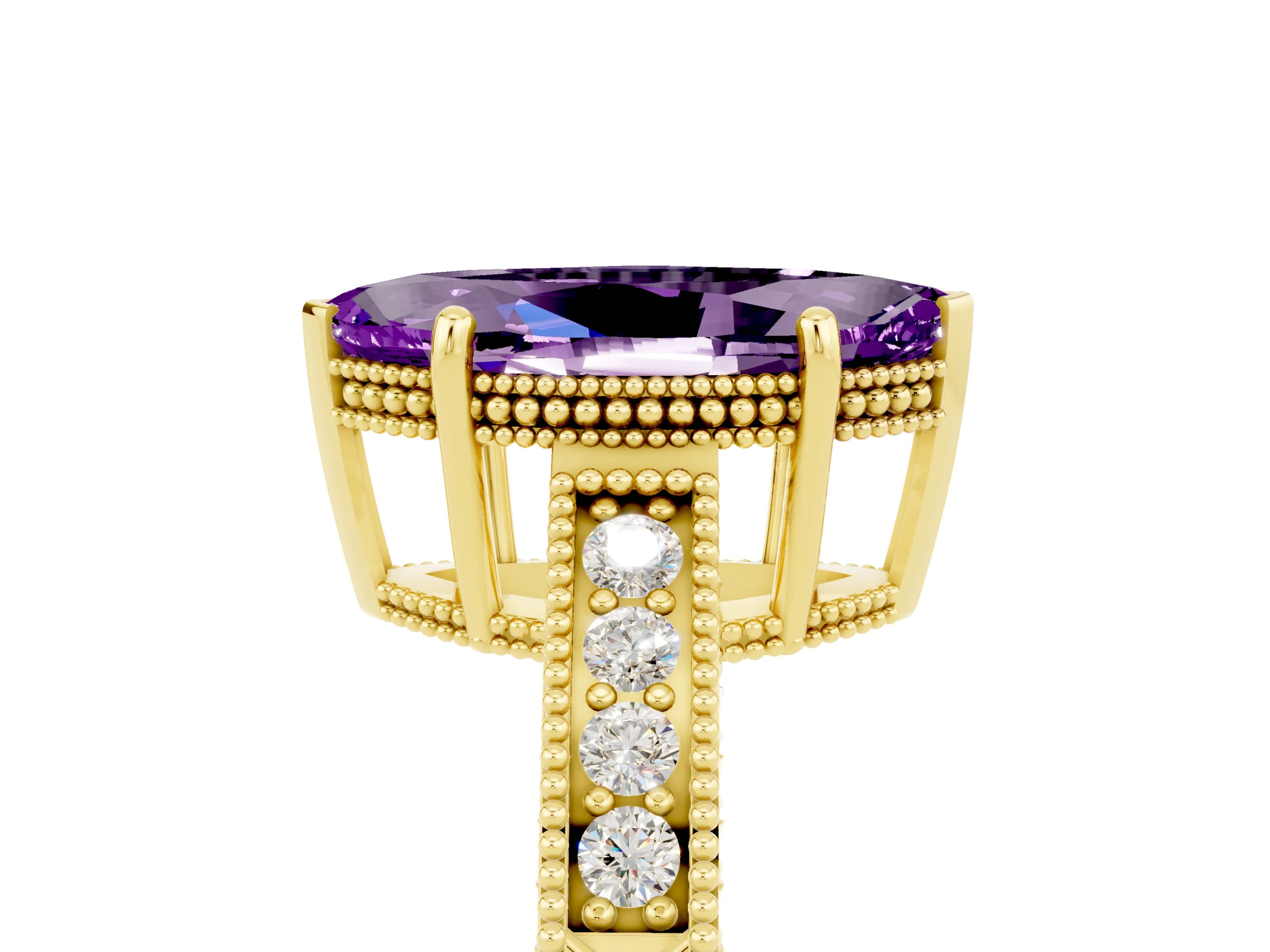 Yellow gold Marquise Cut Amethyst Engagement Ring with Milgrain Channel Set Band and Prong Setting_5