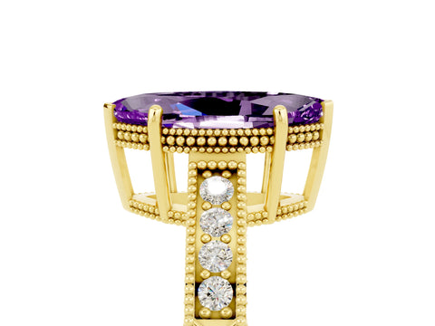 Yellow gold Marquise Cut Amethyst Engagement Ring with Milgrain Channel Set Band and Prong Setting_5