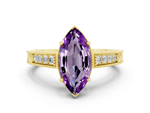 Yellow gold Marquise Cut Amethyst Engagement Ring with Milgrain Channel Set Band and Prong Setting