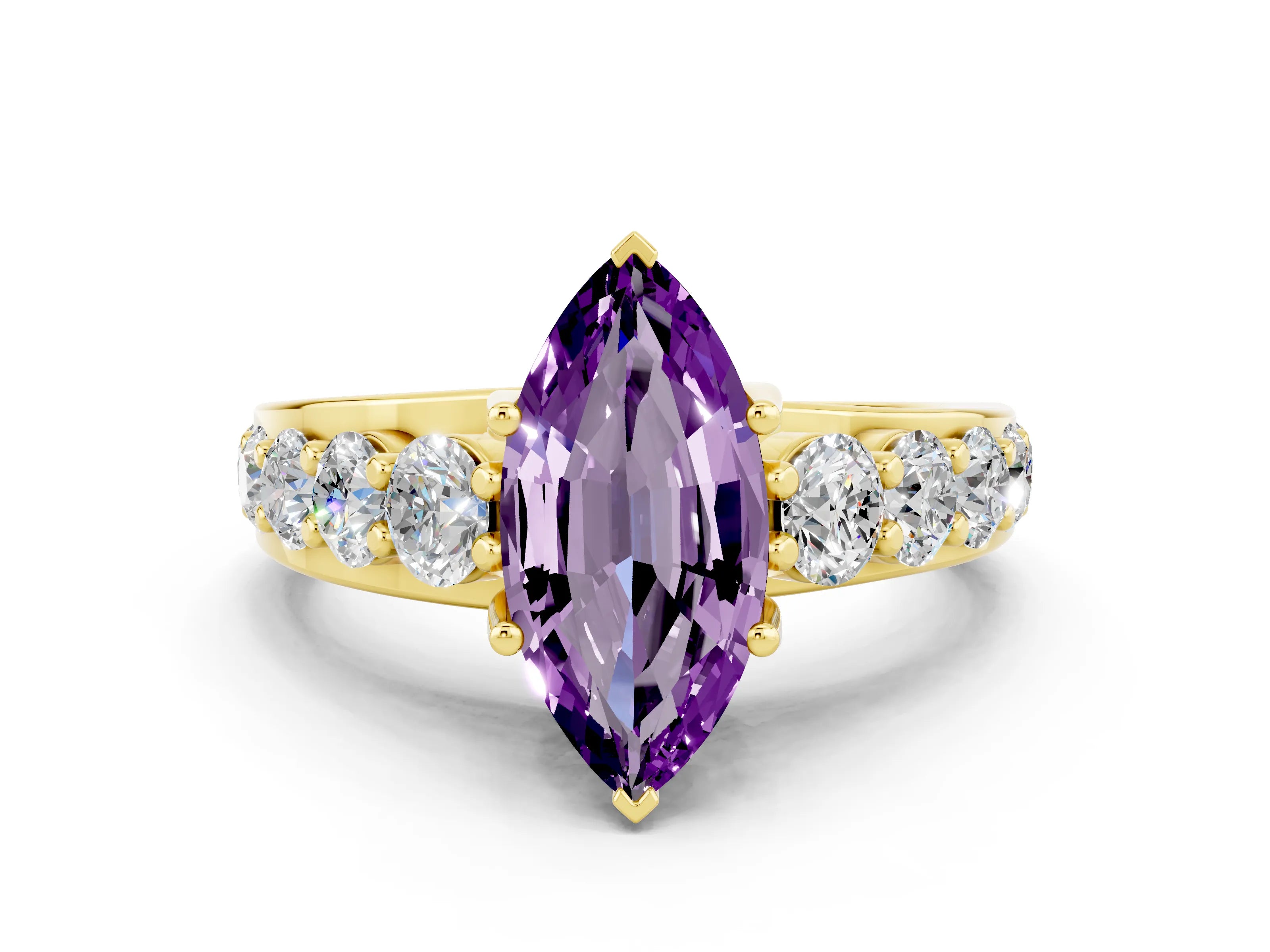 Yellow gold Marquise Cut Amethyst Engagement Ring with Pavé Band and Four-Prong Setting
