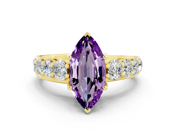 Yellow gold Marquise Cut Amethyst Engagement Ring with Pavé Band and Four-Prong Setting