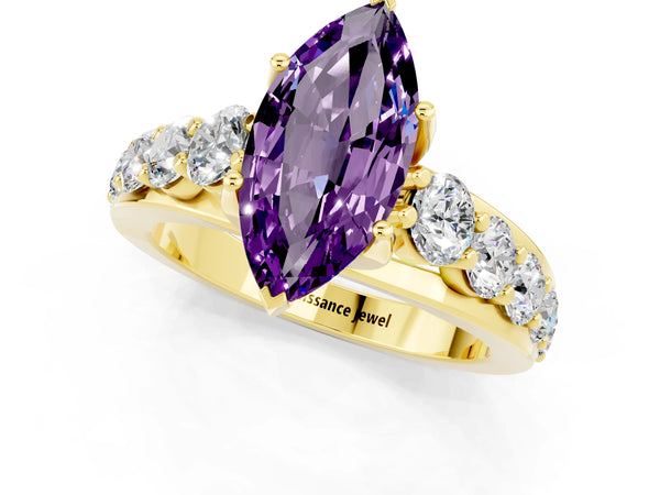 Yellow gold Marquise Cut Amethyst Engagement Ring with Pavé Band and Four-Prong Setting