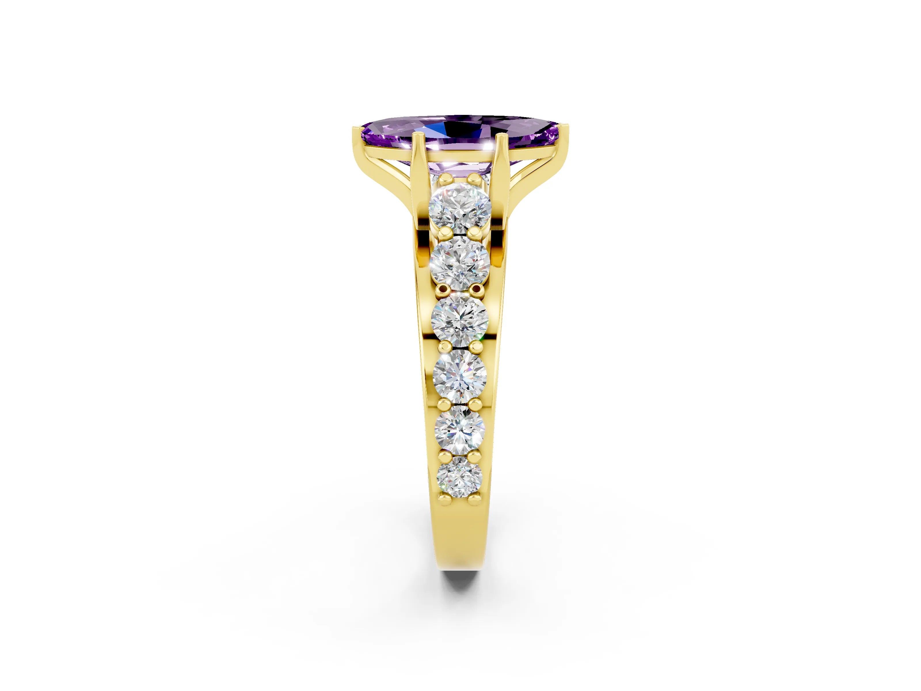 Yellow gold Marquise Cut Amethyst Engagement Ring with Pavé Band and Four-Prong Setting_2