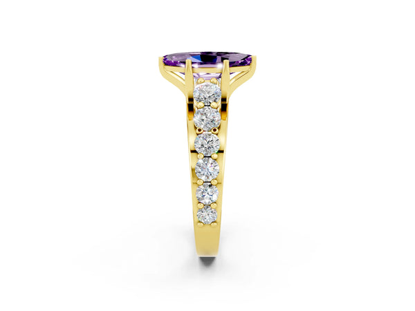 Yellow gold Marquise Cut Amethyst Engagement Ring with Pavé Band and Four-Prong Setting