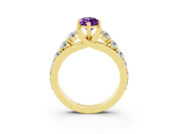 Yellow gold Marquise Cut Amethyst Engagement Ring with Pavé Band and Four-Prong Setting