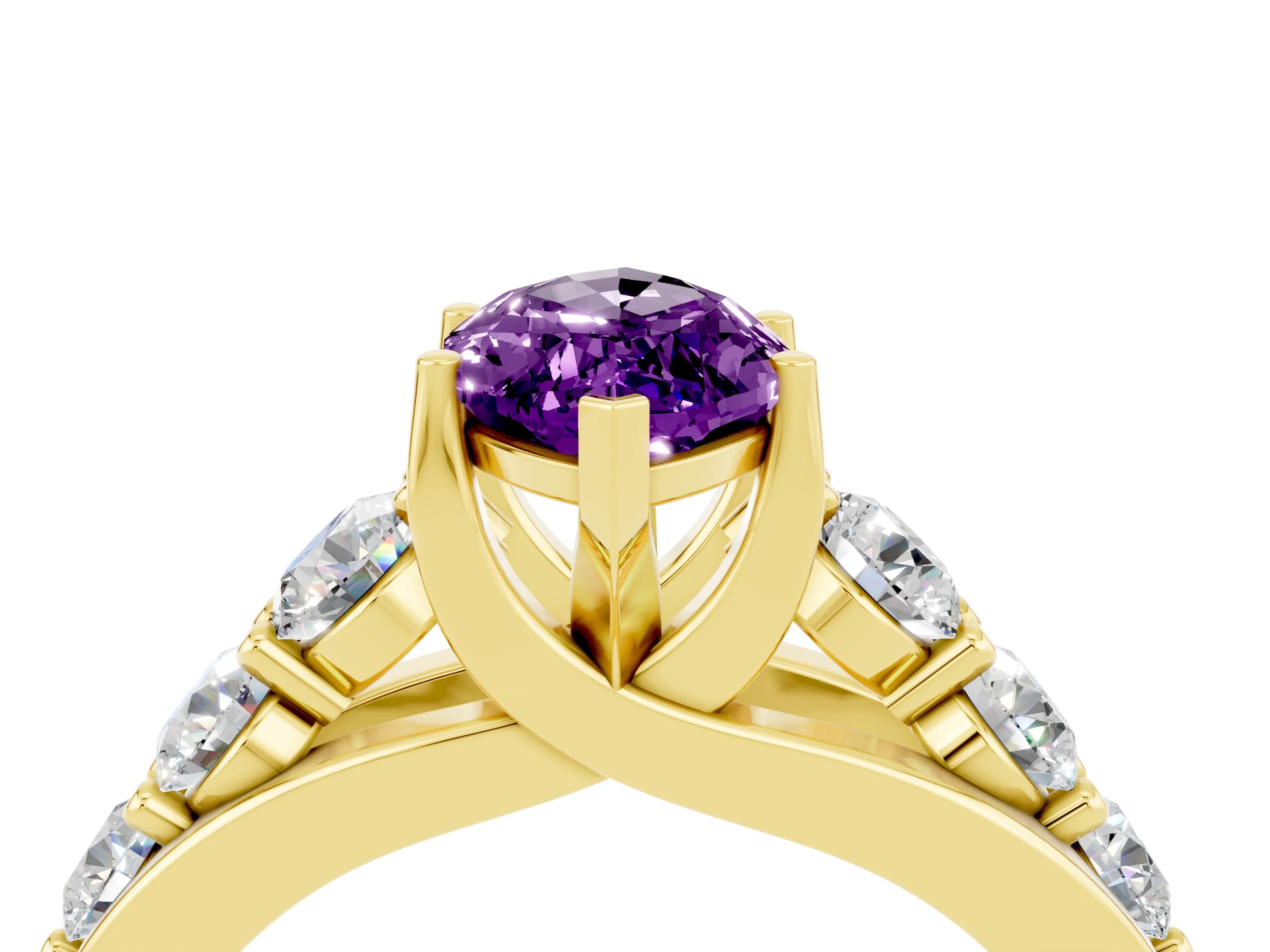 Yellow gold Marquise Cut Amethyst Engagement Ring with Pavé Band and Four-Prong Setting_4
