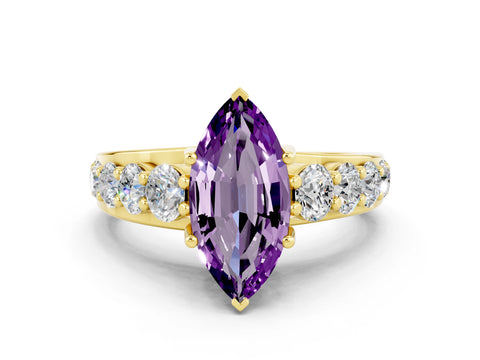 Yellow gold Marquise Cut Amethyst Engagement Ring with Pavé Band and Four-Prong Setting