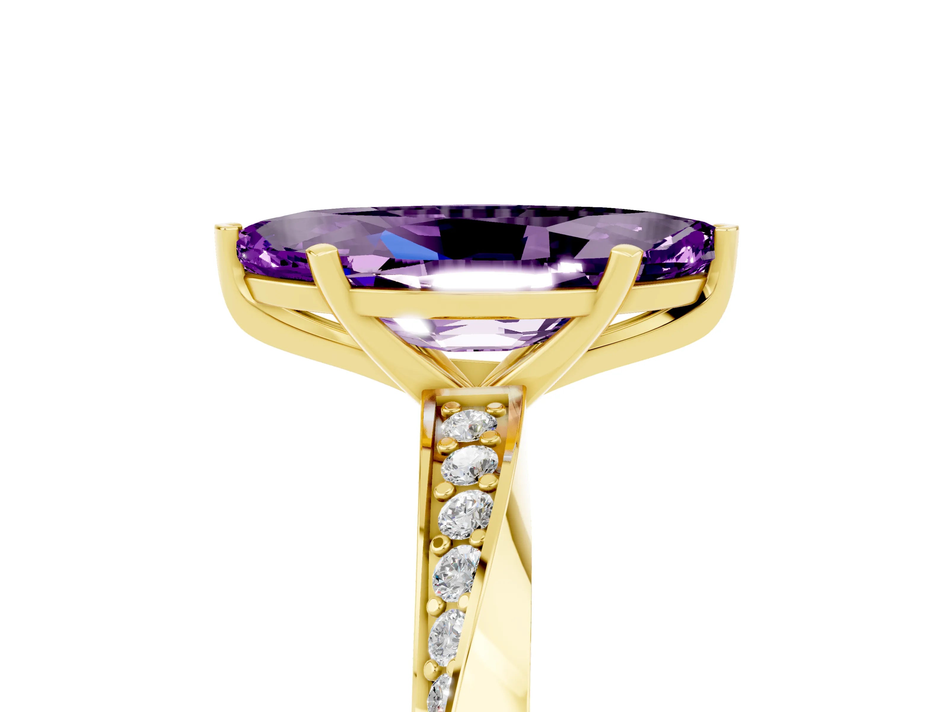 Yellow gold Marquise Cut Amethyst Engagement Ring with Side Stone Accents and Four-Prong Setting_32