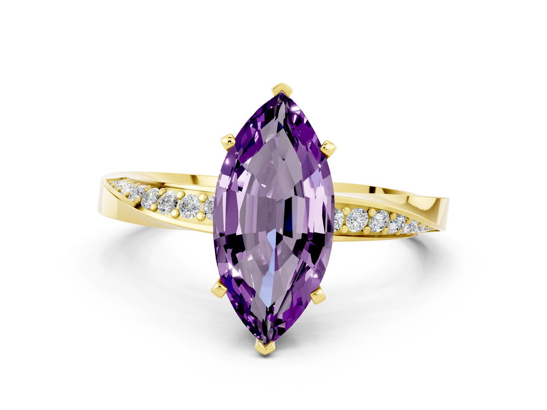 Yellow gold Marquise Cut Amethyst Engagement Ring with Side Stone Accents and Four-Prong Setting_60