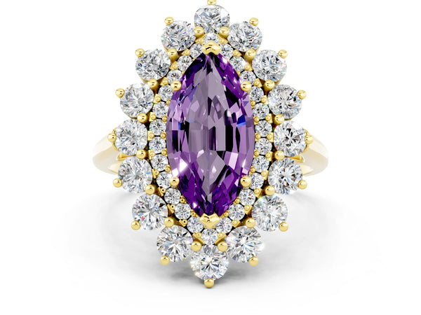 Yellow gold Marquise Cut Amethyst Floral Double Halo Engagement Ring with Prong Setting