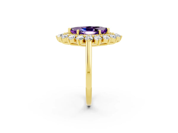Yellow gold Marquise Cut Amethyst Floral Double Halo Engagement Ring with Prong Setting