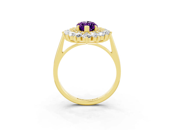 Yellow gold Marquise Cut Amethyst Floral Double Halo Engagement Ring with Prong Setting