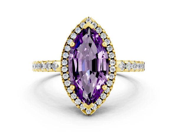 Yellow gold Marquise Cut Amethyst Halo Engagement Ring with Pavé Band and Prong Setting