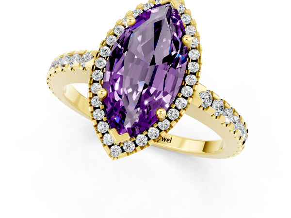 Yellow gold Marquise Cut Amethyst Halo Engagement Ring with Pavé Band and Prong Setting