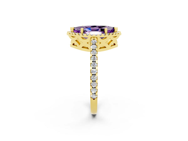 Yellow gold Marquise Cut Amethyst Halo Engagement Ring with Pavé Band and Prong Setting