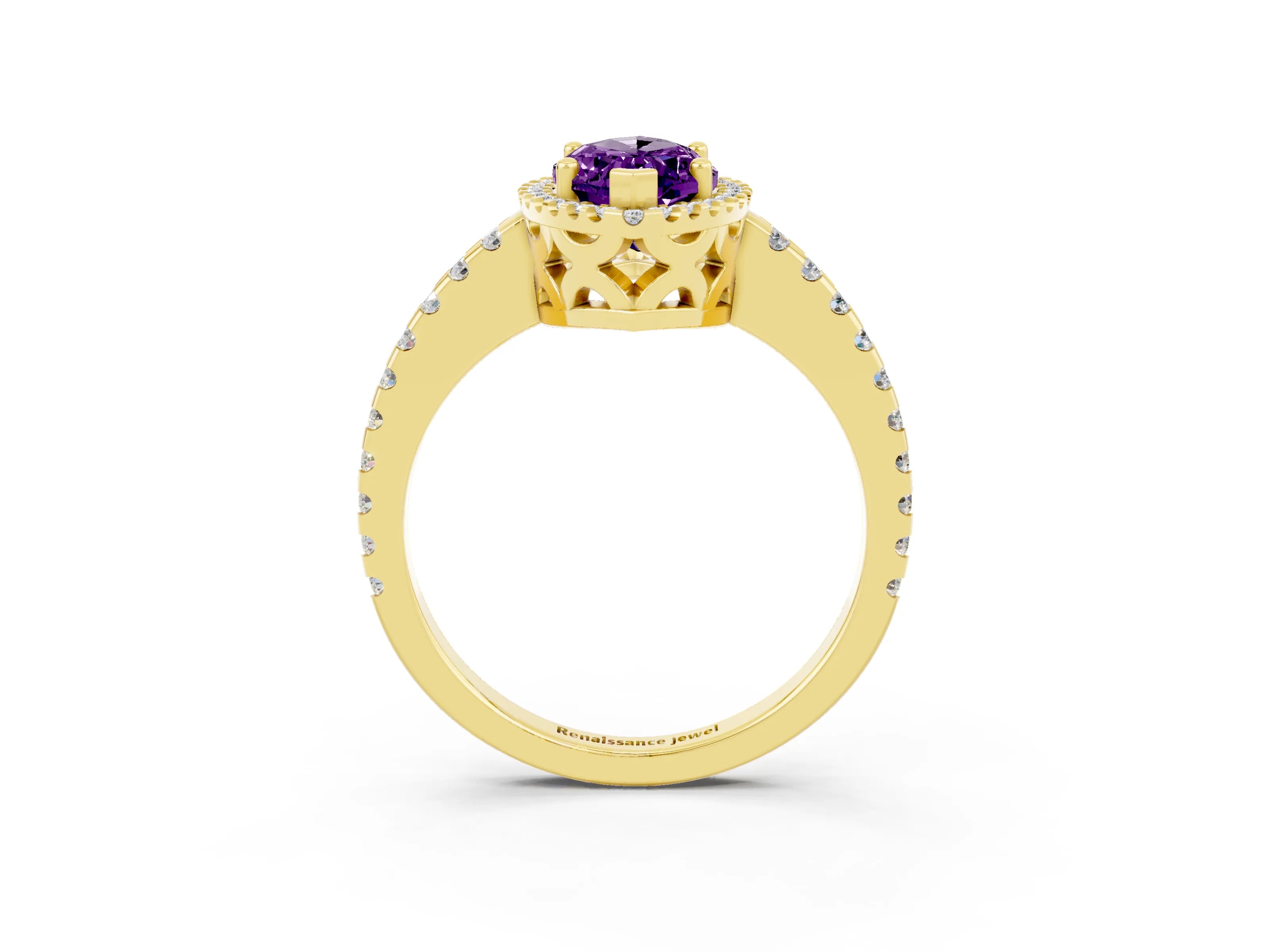 Yellow gold Marquise Cut Amethyst Halo Engagement Ring with Pavé Band and Prong Setting_15