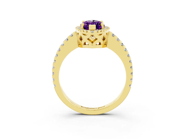 Yellow gold Marquise Cut Amethyst Halo Engagement Ring with Pavé Band and Prong Setting