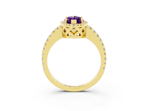 Yellow gold Marquise Cut Amethyst Halo Engagement Ring with Pavé Band and Prong Setting_15