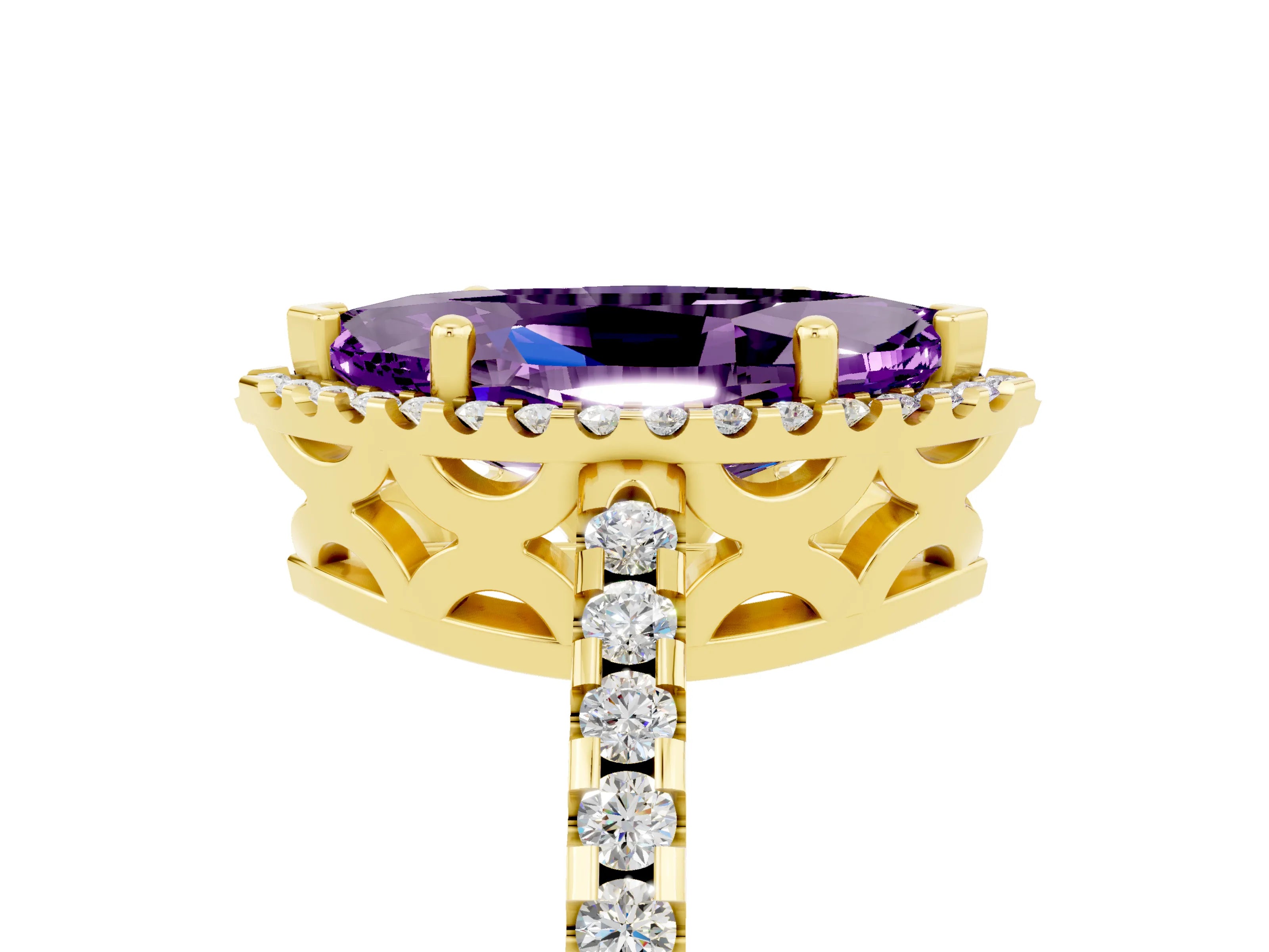 Yellow gold Marquise Cut Amethyst Halo Engagement Ring with Pavé Band and Prong Setting_17