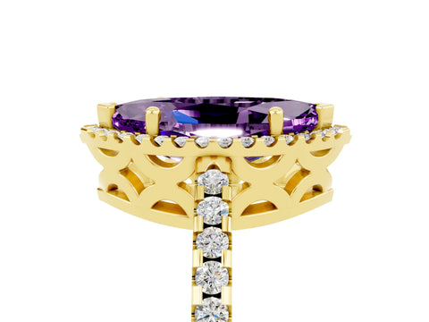 Yellow gold Marquise Cut Amethyst Halo Engagement Ring with Pavé Band and Prong Setting_17